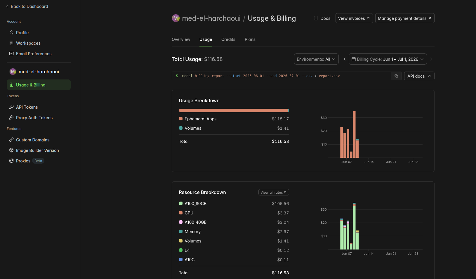 Modal usage & billing dashboard showing $116.58 total spend for June 2026, broken down as $105.56 on A100-80GB, $3.37 CPU, $3.04 A100-40GB, and $1.41 volumes